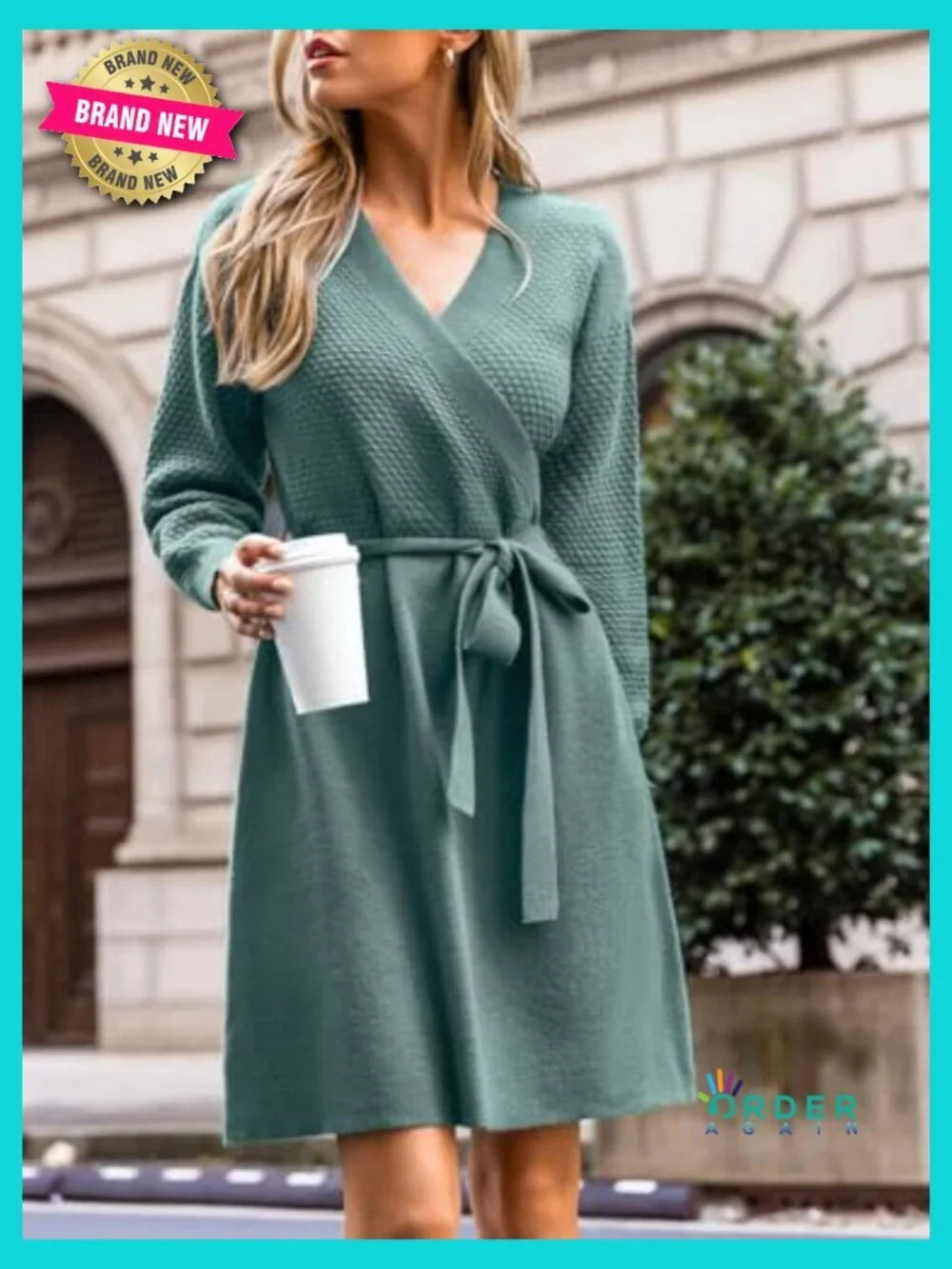 Ribbed Knit Sweater Dress V Neck Long Sleeve Belted Fitted A Line Midi